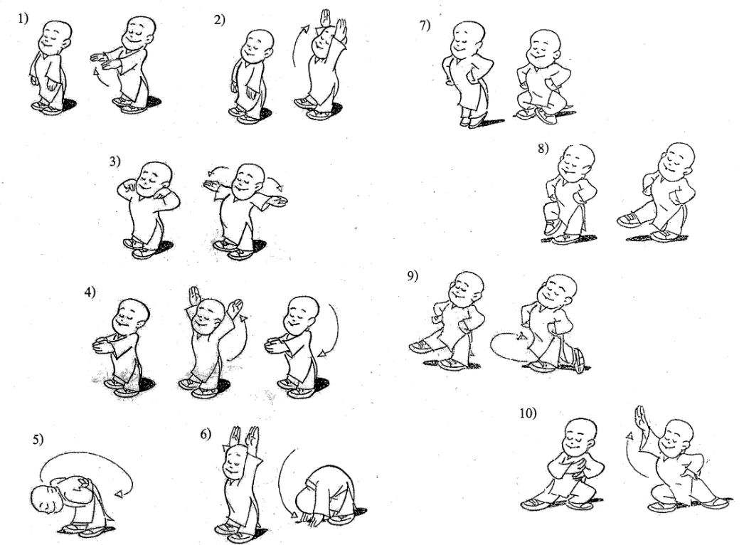 cartoon of monk doing ten different movements