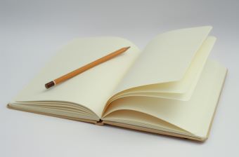 a open journal with blank pages and a pencil lying on it.